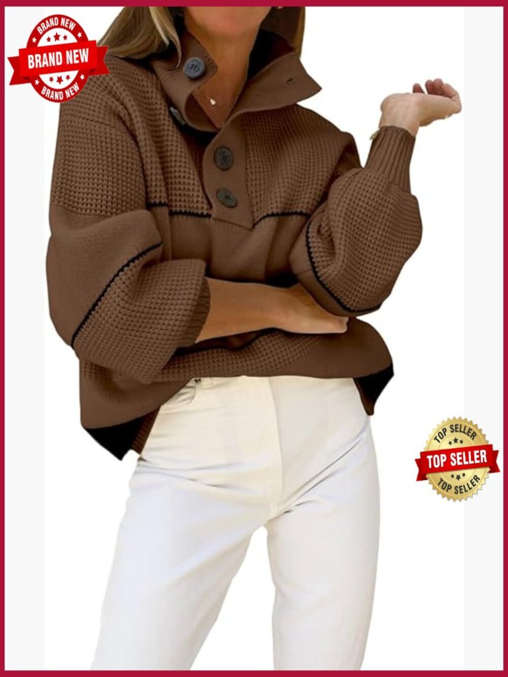 Waffle Knit Slouchy Sweater 1/2 Button Polo Collared Pullover